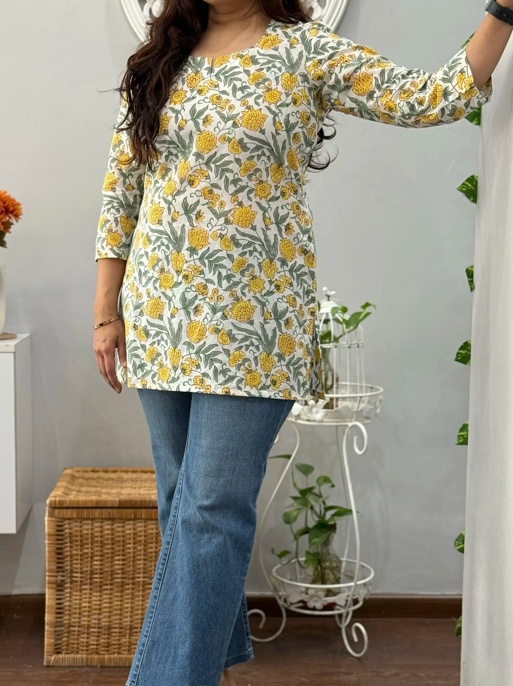 Yellow Floral Cotton Short Kurti 2