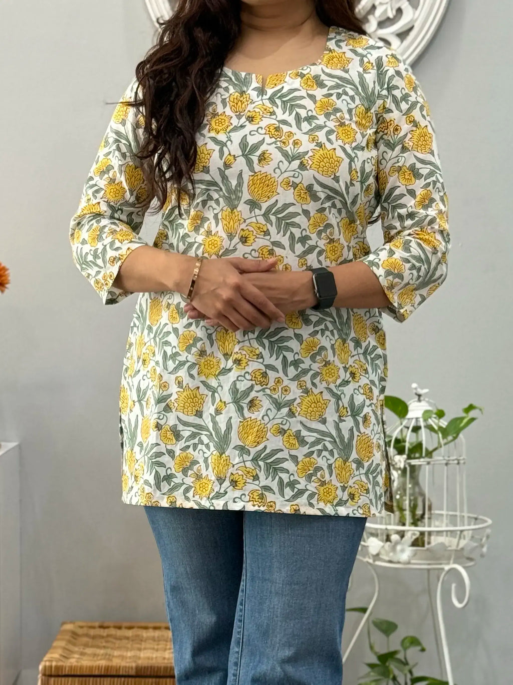 Yellow Floral Cotton Short Kurti