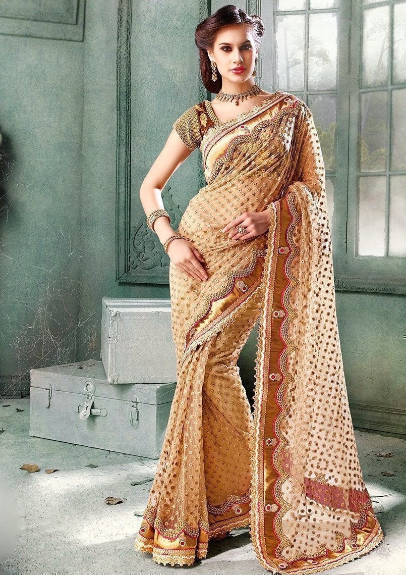 Beige Color Net Saree - Ethnicyug