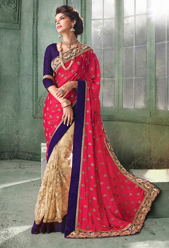 BEIGE & RED Indian Pakistani Designer Bollywood Wedding Embroidered Party Wear Saree - Ethnicyug
