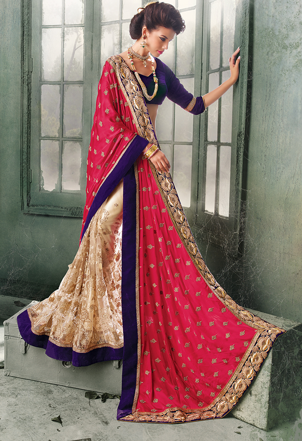 BEIGE & RED Indian Pakistani Designer Bollywood Wedding Embroidered Party Wear Saree - Ethnicyug
