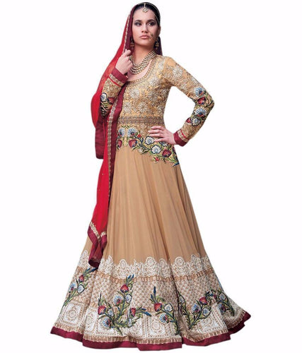 Beige Embroidered Faux Georgette Anarkali salwar suit - Ethnicyug