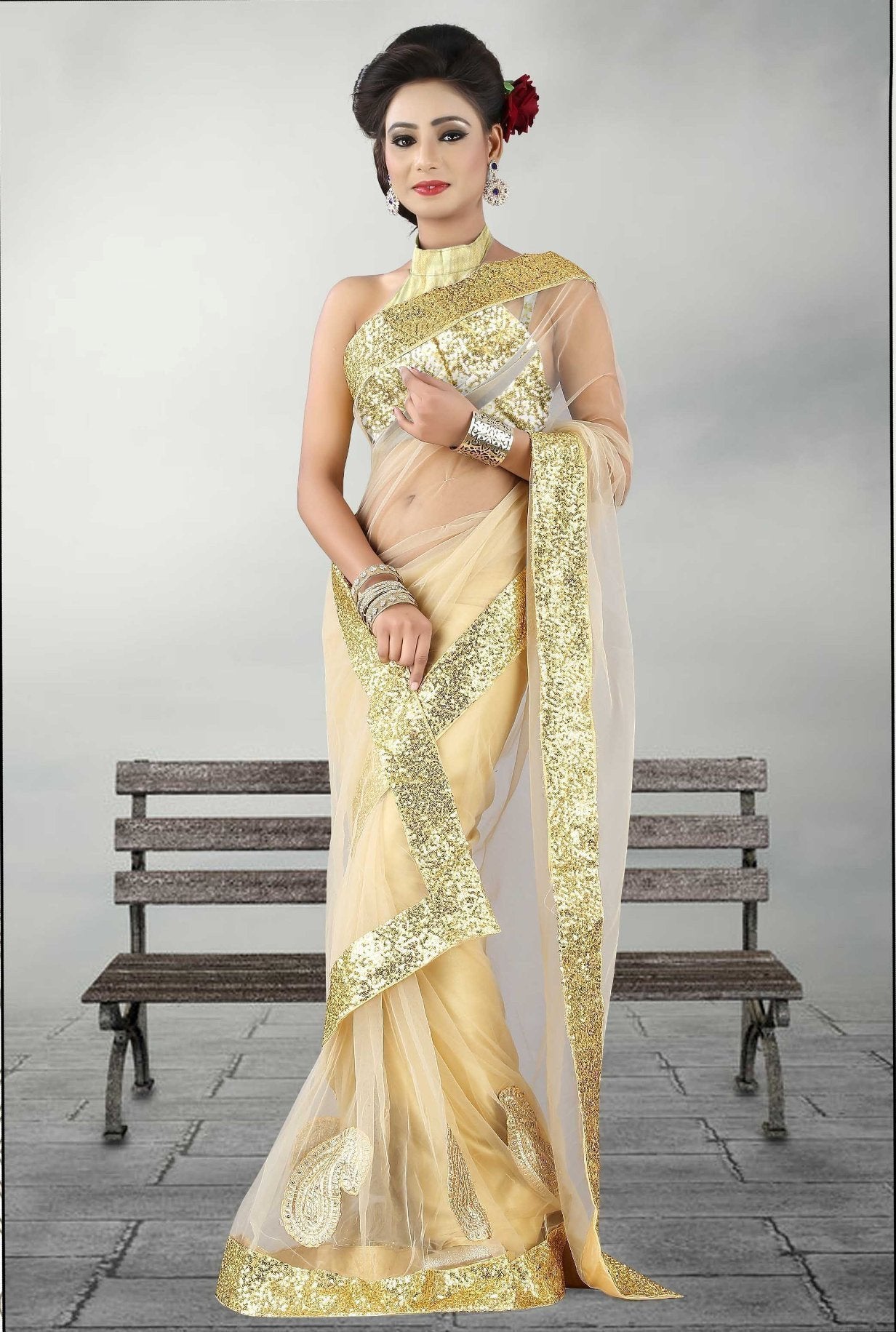 Beige Color Net Saree - Ethnicyug