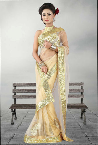Beige Color Net Saree - Ethnicyug