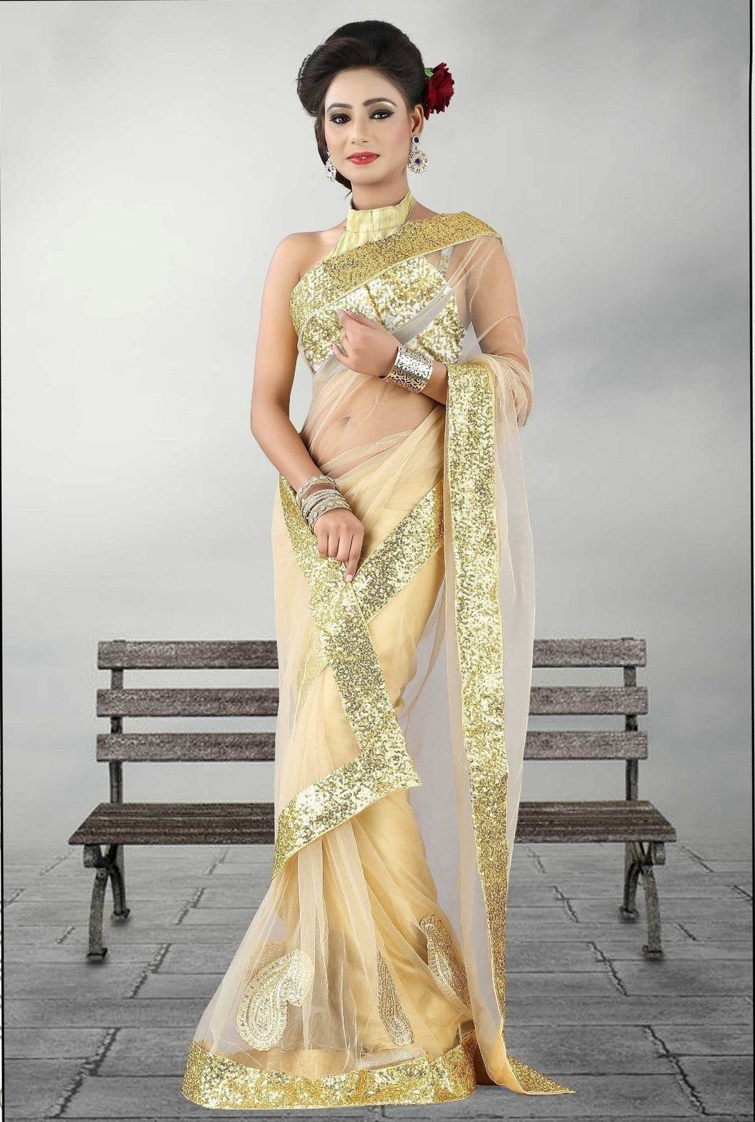 Beige Color Net Saree - Ethnicyug