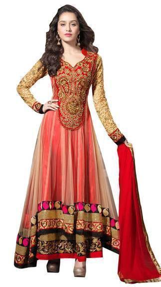 Beige And Red Georgette Anarkali Suit - Ethnicyug